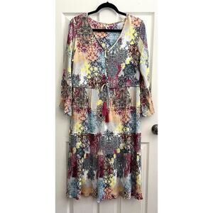 REBA Plisse Patchwork Boho Tiered Cinch Waist Midi Dress